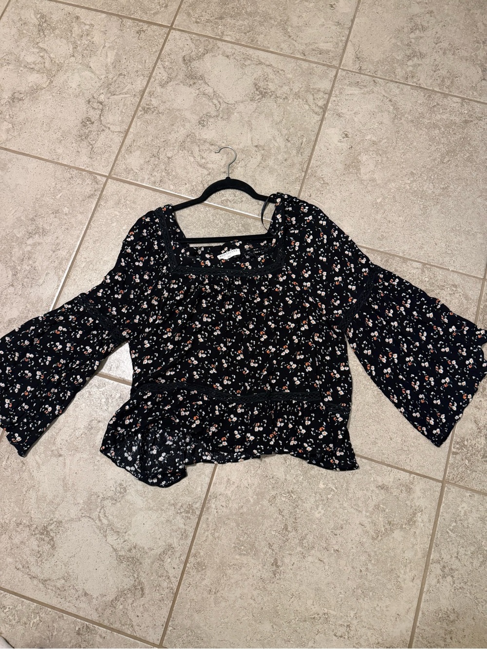 Velvet Black Floral Bell-Sleeve Peplum Top